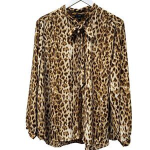 J.CREW Leopard Blouse XXL Bow Neckline Womens Long Sleeve Top Brown